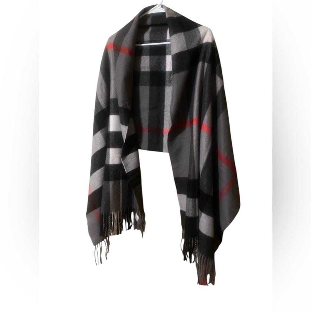 Sky Cashmere 100% Virgin Wool Scarf 26”X78” Fringe Beige Black Red Plaid Luxury - Picture 6 of 15